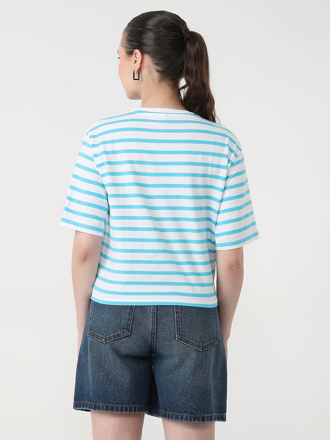 Women Sky/White Slim Fit Graphic Crop T-Shirt