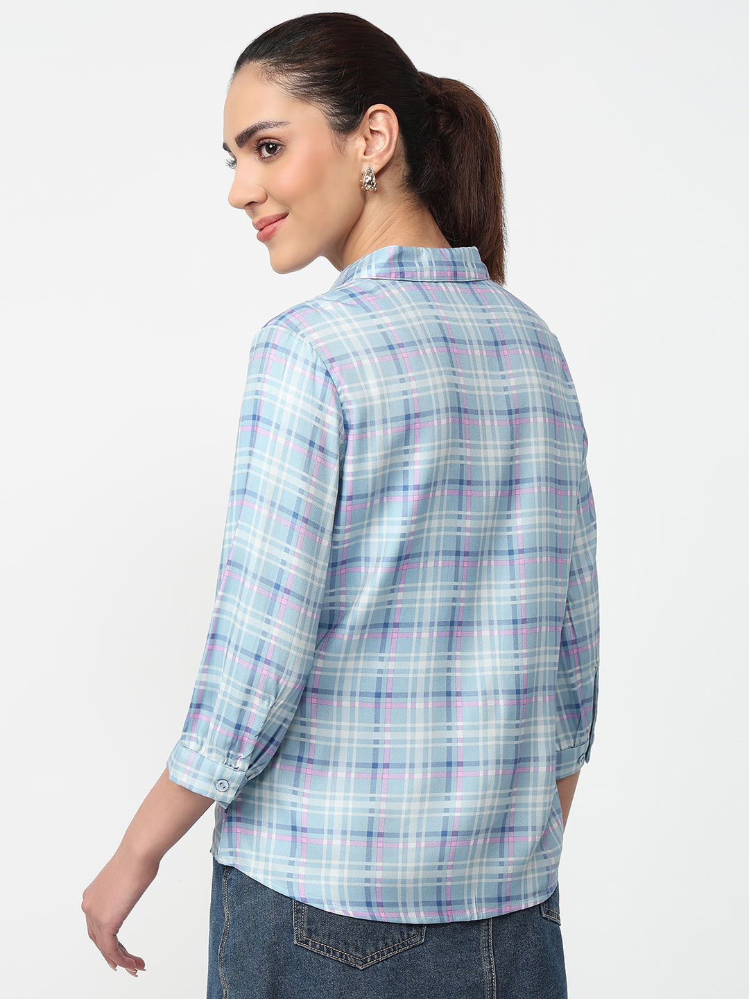 Women Powder Blue Checked Shirt