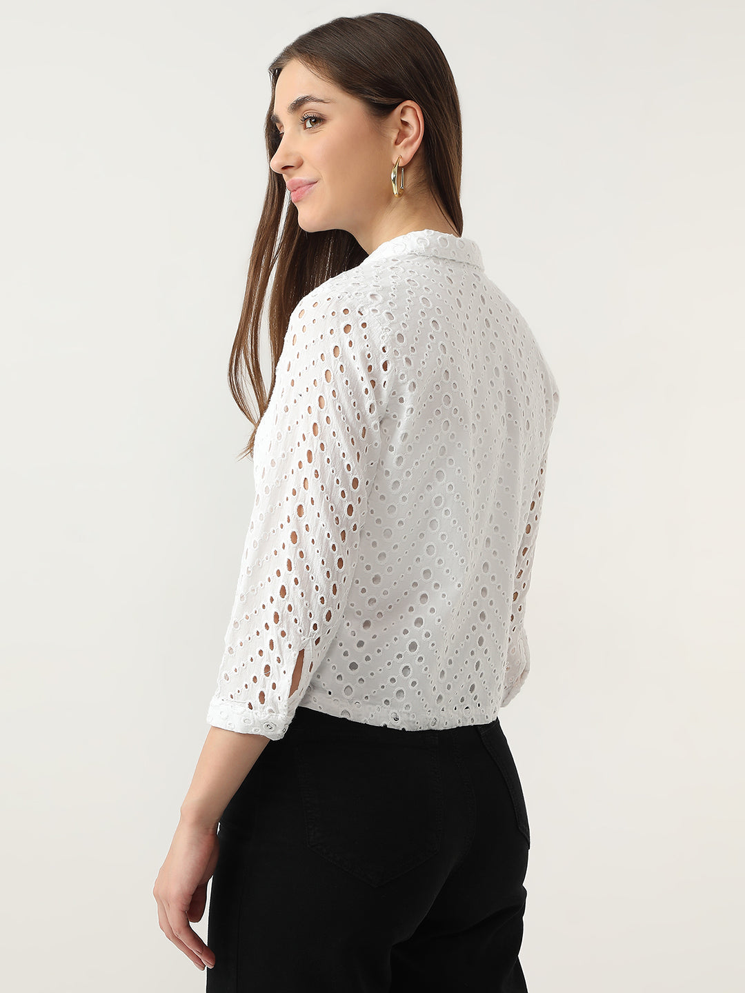 Women Bleach White Crop Schiffli Shirt