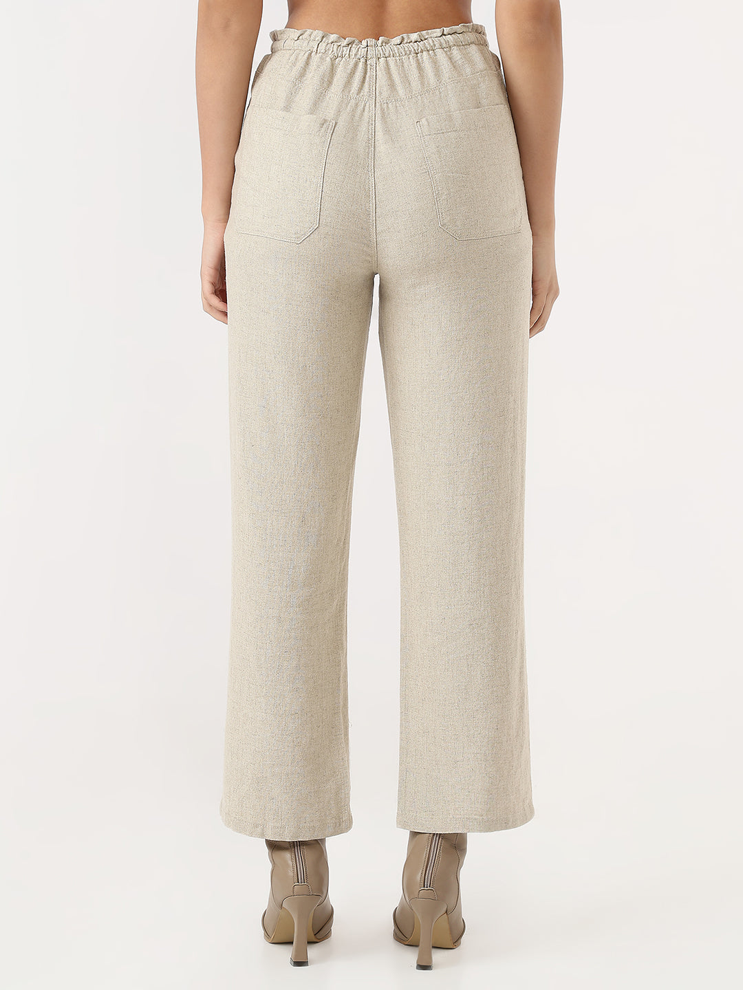 Women Dark Natural Loose Straight Paper Bag Pants