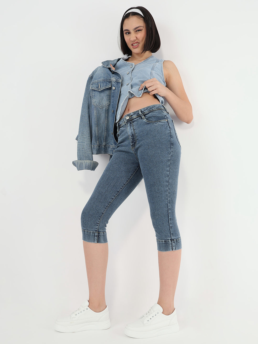 Women Light Blue High-Rise Capri