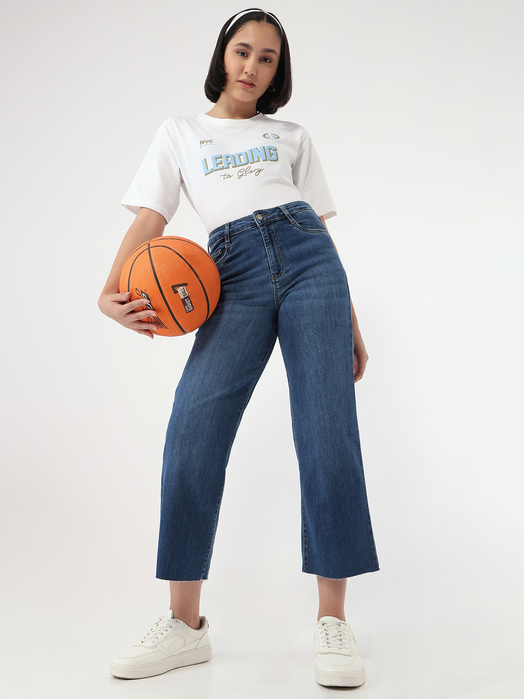 Women Blue High-Rise Crop Wide Leg Jeans