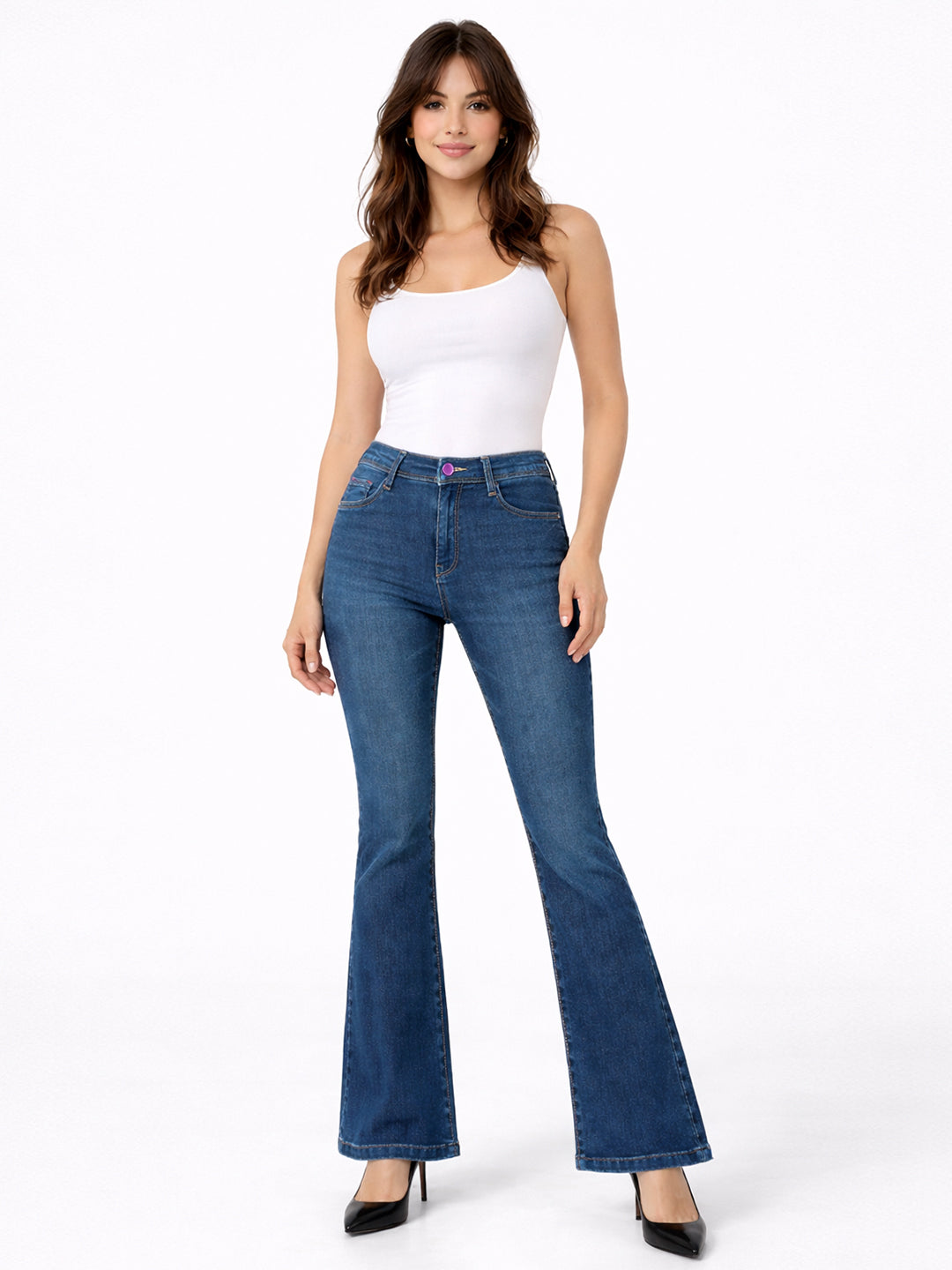 Women Dark Blue High-Rise Mini Flare Jeans
