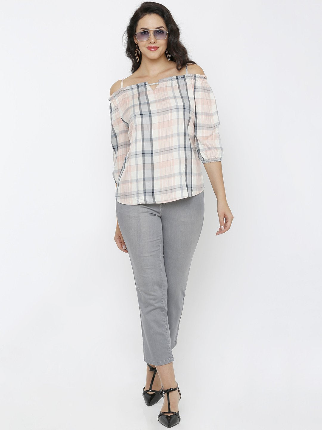 Women Grey/Peach Off Shoulder Top