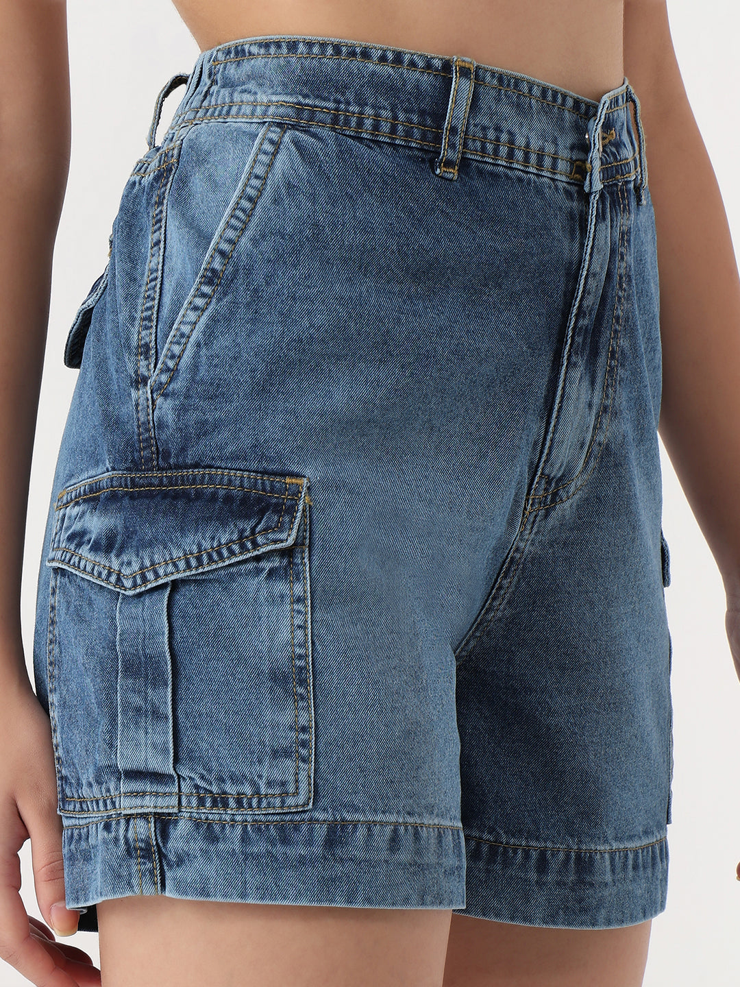 Women Blue High-Rise Cargo Shorts