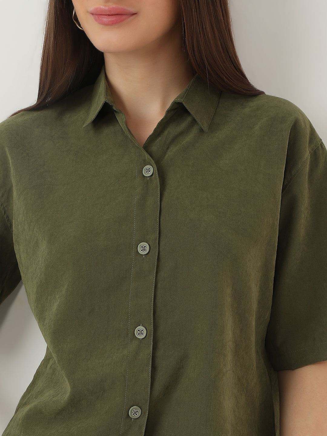 Women Olive Crop Shirt