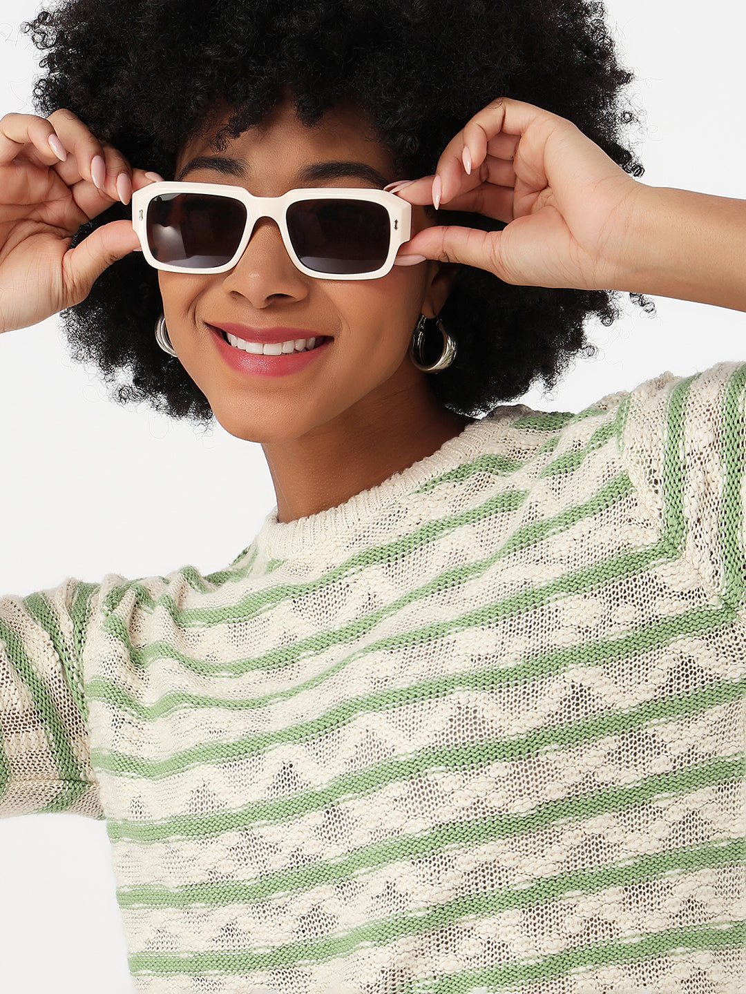 Women Off White/Green Slim Fit Sweater