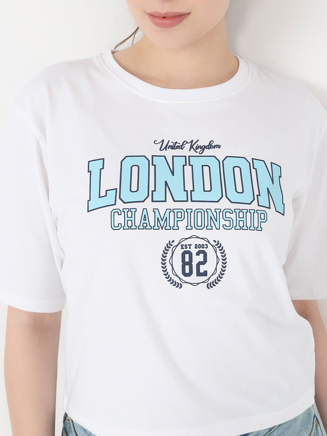Women White Slim Fit Graphic Crop T-Shirt