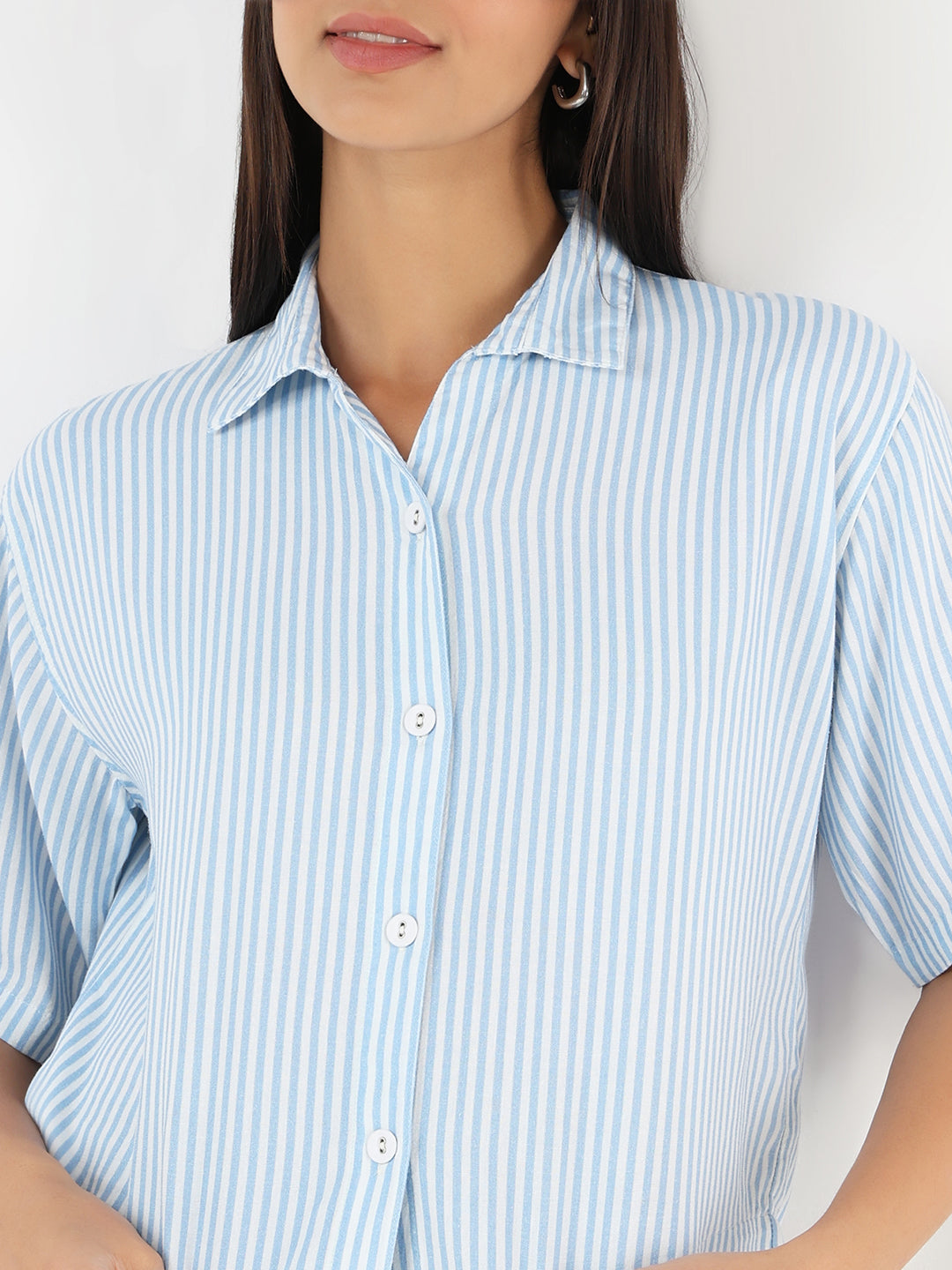 Women Sky/White Crop Stripe Shirt