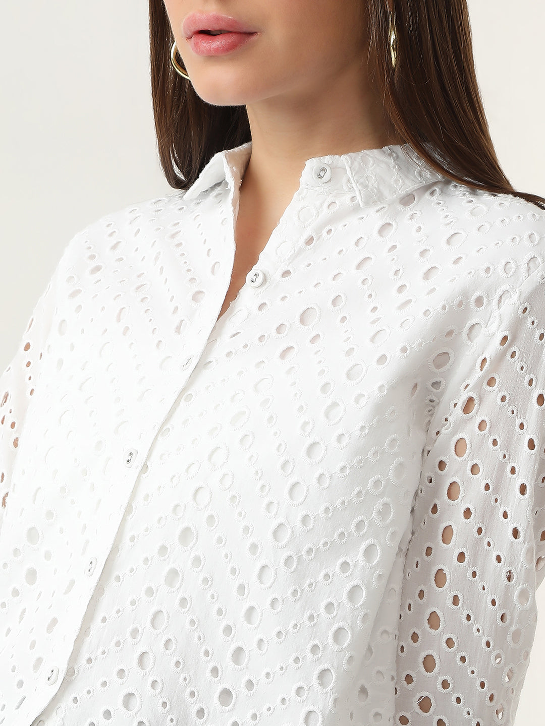 Women Bleach White Crop Schiffli Shirt