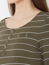Women Olive Striped Three-Quarter Sleeves T-Shirts