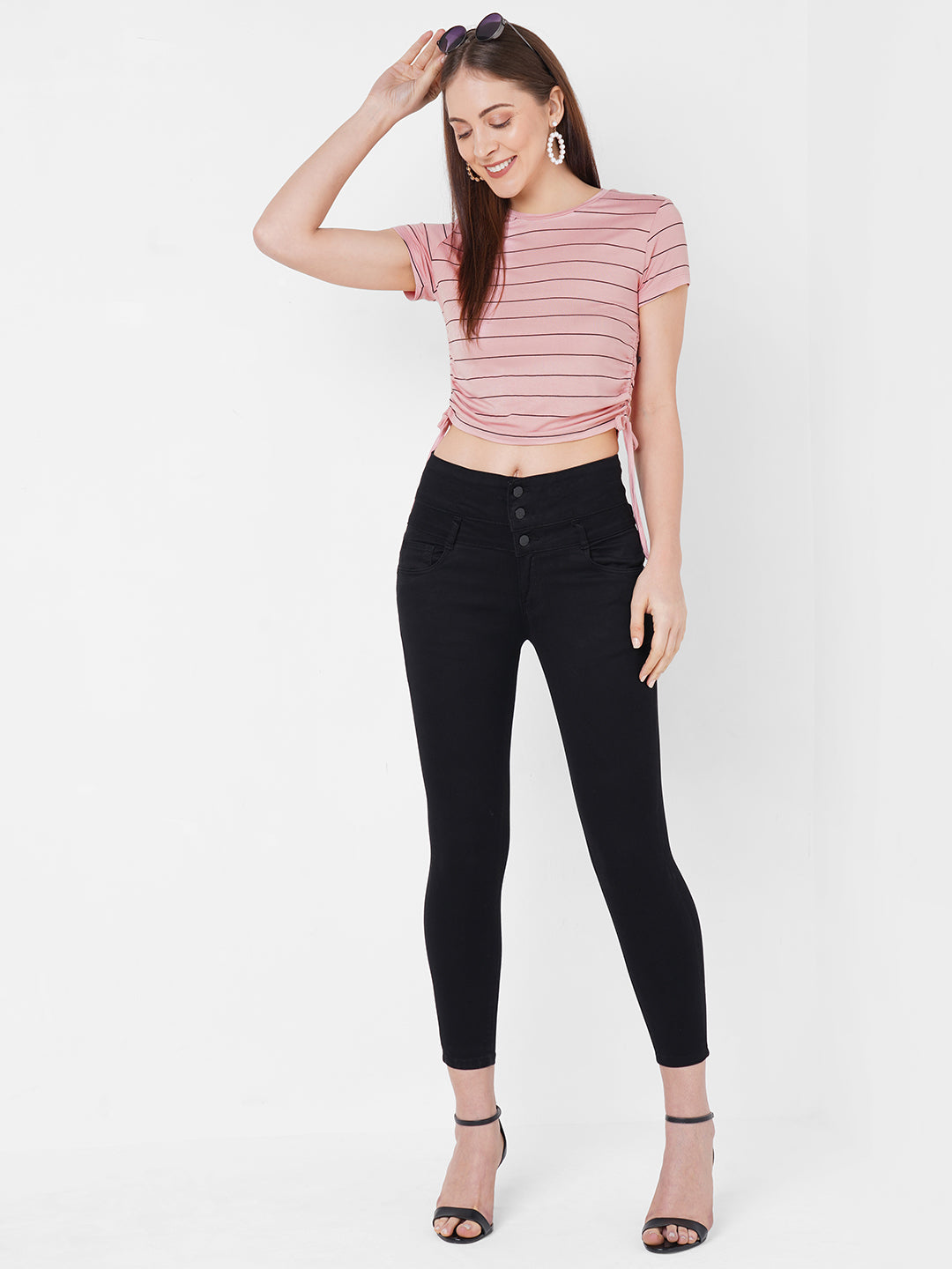 Women Blush Pink Stripe Crop T-Shirt