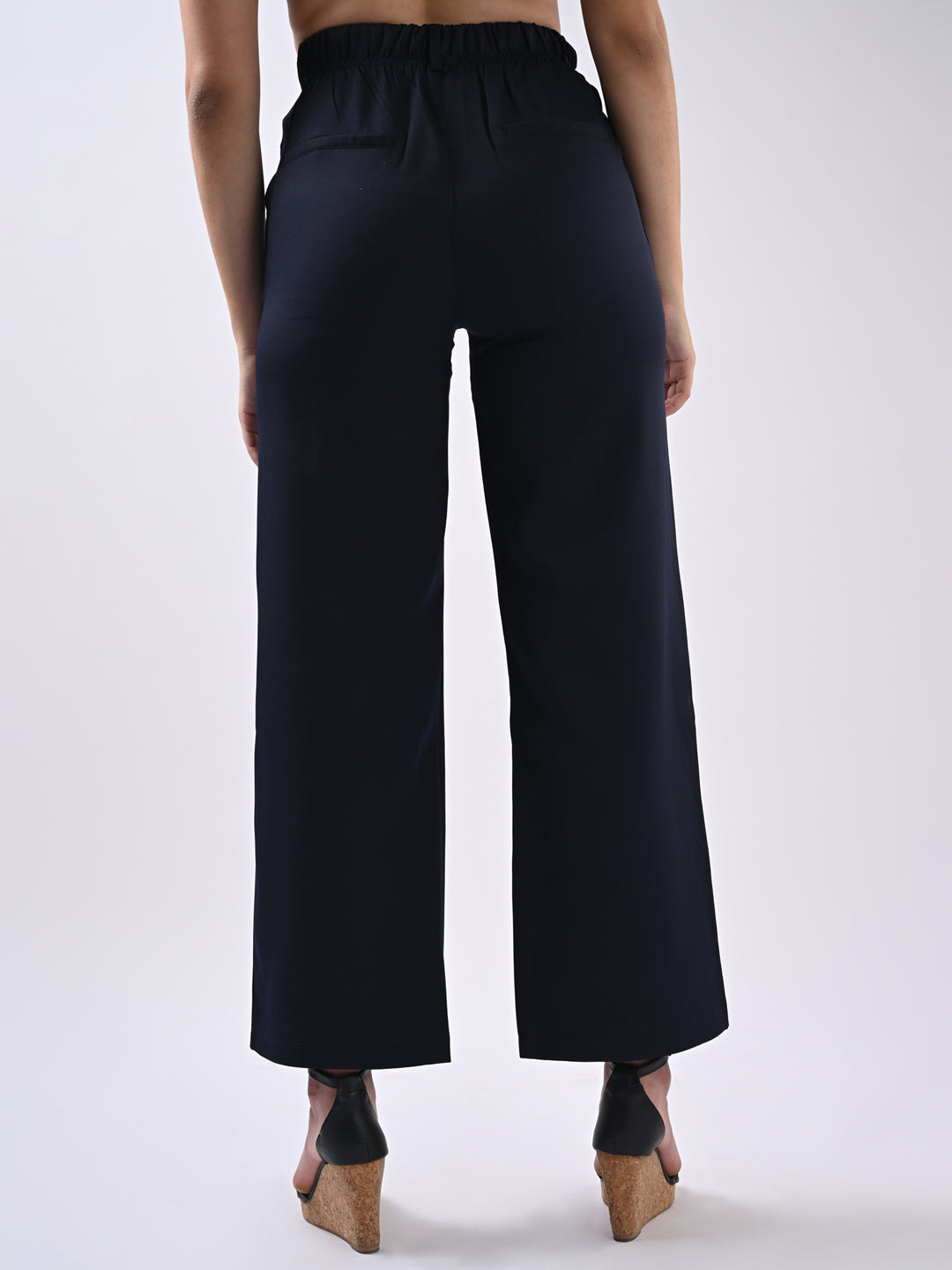 Women Navy Mid-Rise Wide Leg Trousers