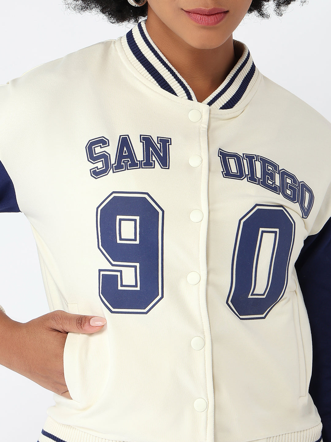 Women Ivory/Blue Slim Fit Varsity Jacket