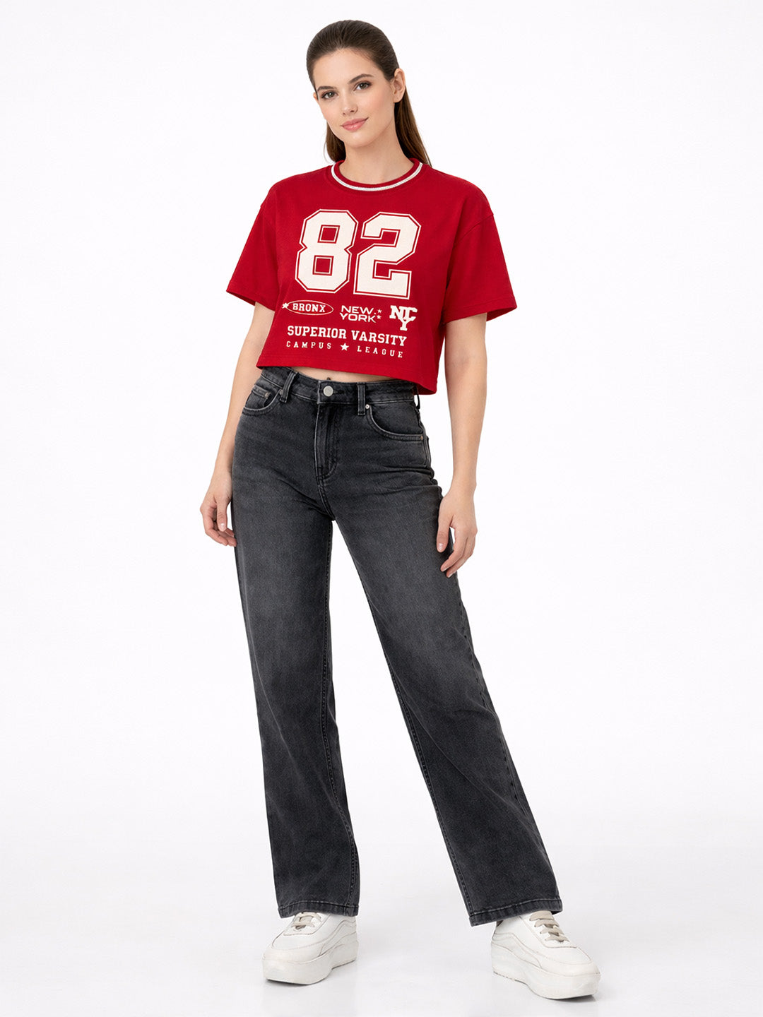 Women Red Graphic Crop Tees