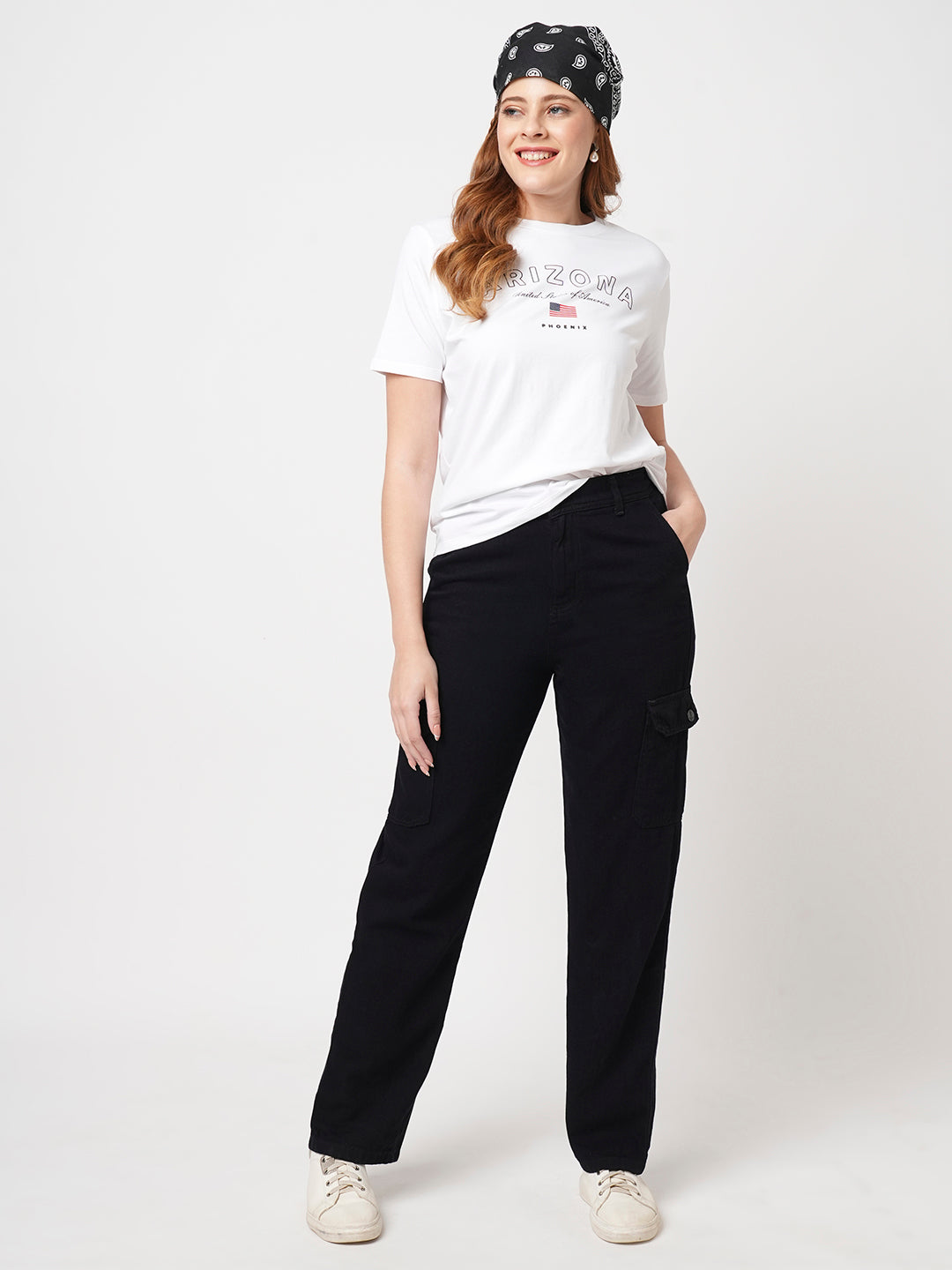 Women Solid Black High-Rise Cargo
