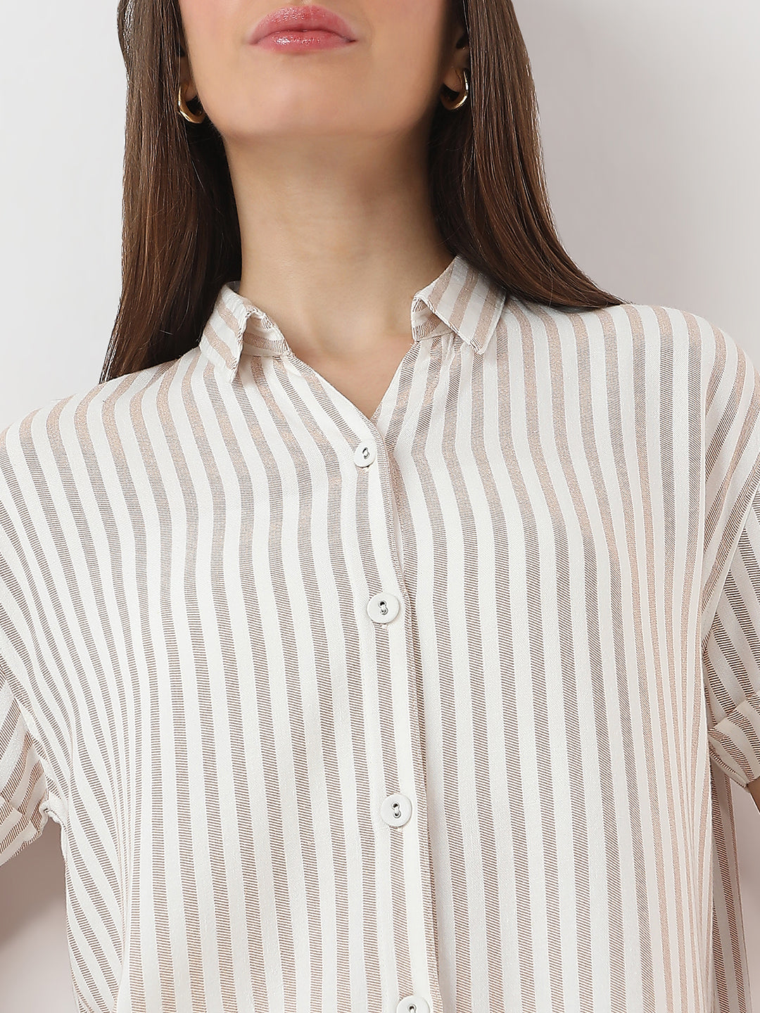Women Beige/White Crop Stripe Shirt