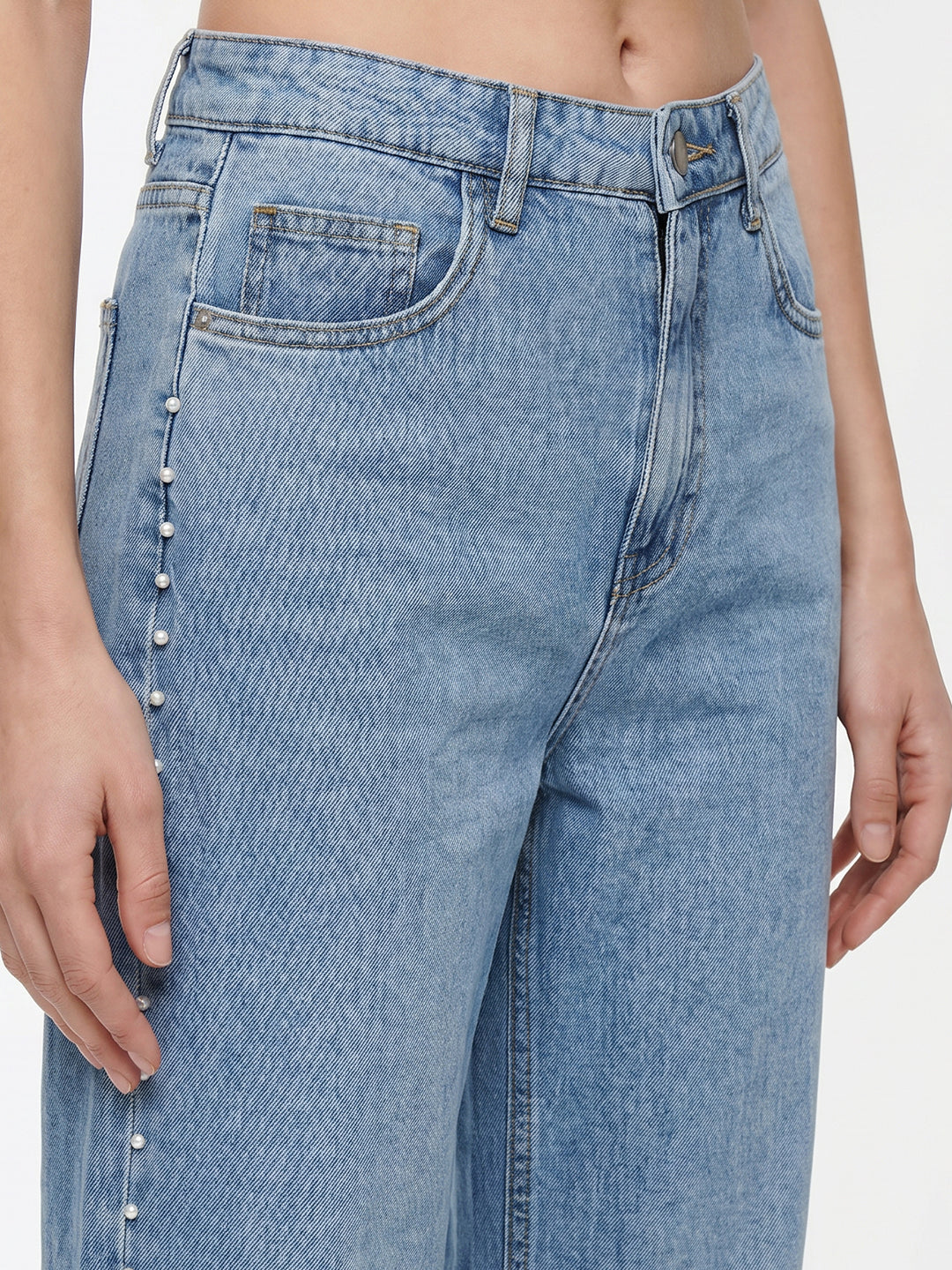Women Blue Studded Pearl Wide Leg Jeans