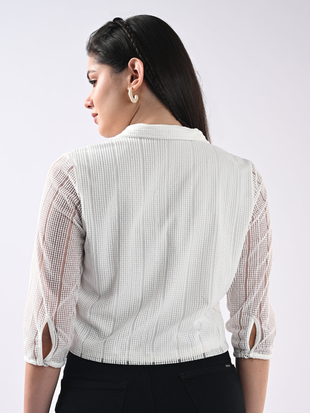 Women Self Design Three-Quarter Sleeves Off White Shirt