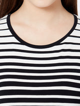 Women Black & White Striped Three-Quarter Sleeves T-Shirts
