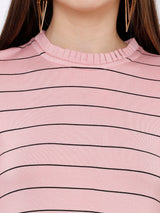 Women Blush Pink Striped Three-Quarter Sleeves T-Shirts