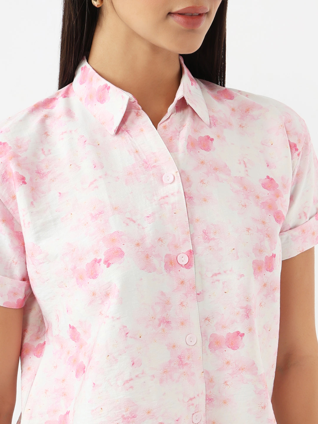 Women Pink Floral Crop Shirt