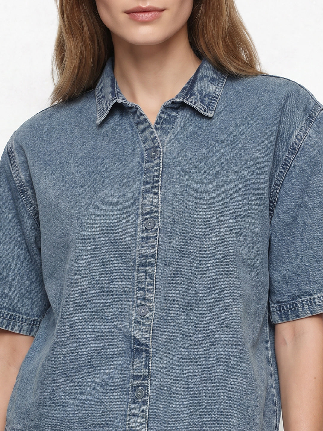 Women Light Blue Crop Denim Shirt