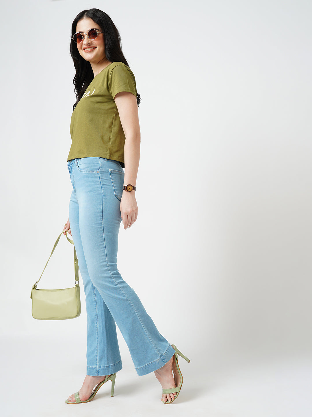 Women Light Blue High-Rise Mini Flare Jeans