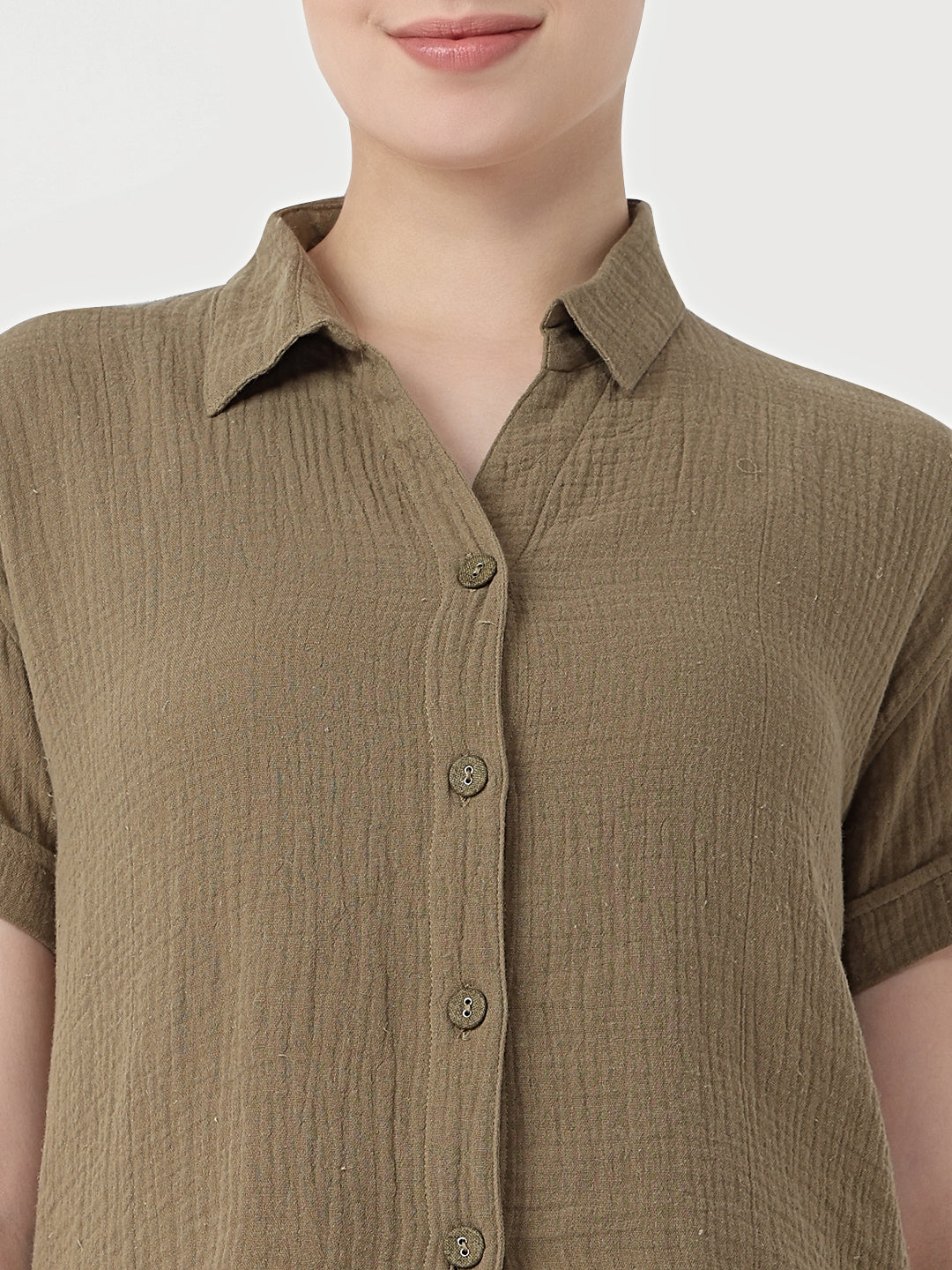 Women Olive Slim Fit Crop Shirt
