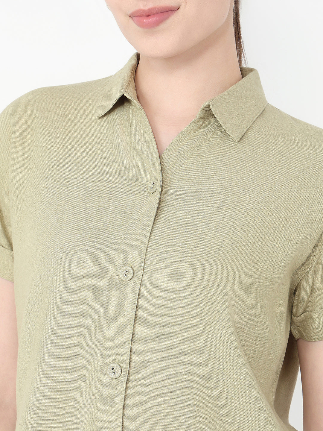 Women Light Olive Slim Fit Crop Shirt