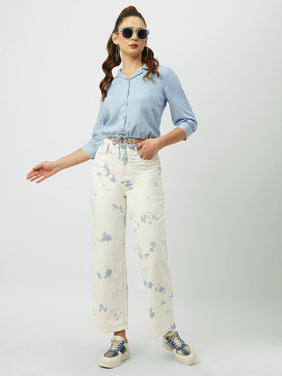 Women Light Blue Crop Shirt
