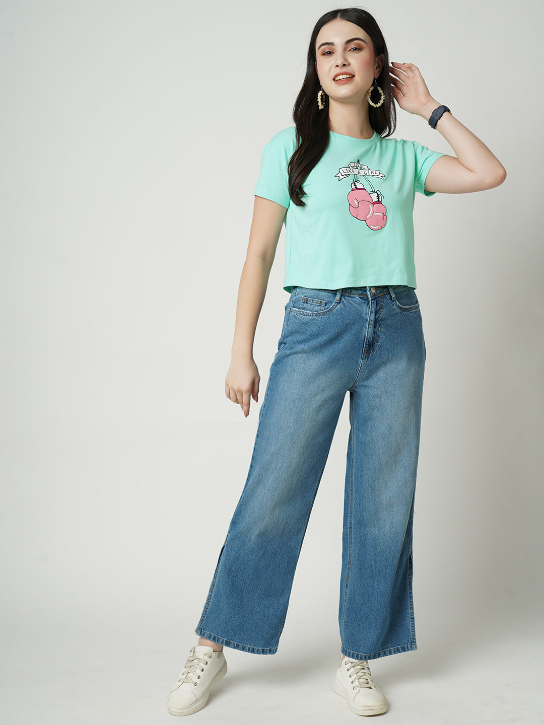 Women Slim Fit Typography & Boxing Print Crop Graphic Tees