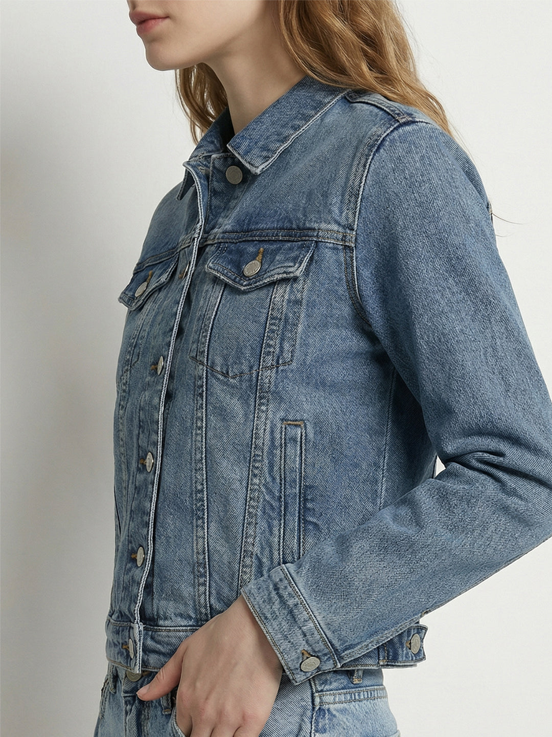 Women Light Blue Denim Slim Fit Jacket