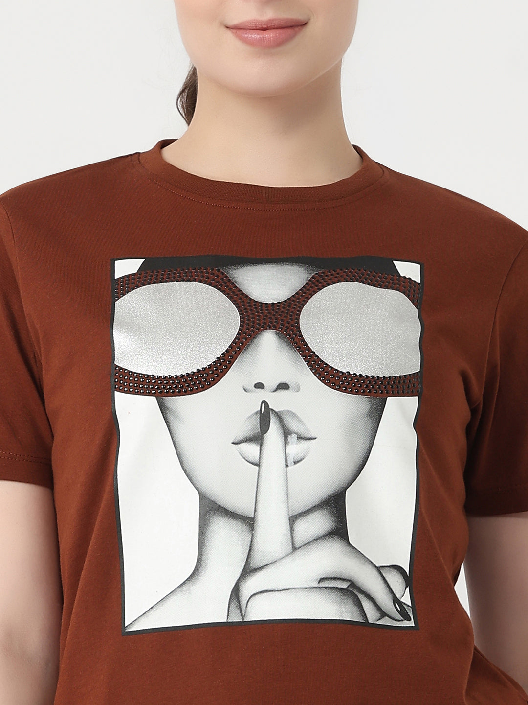 Women Sepia Slim Fit Graphic T-Shirt