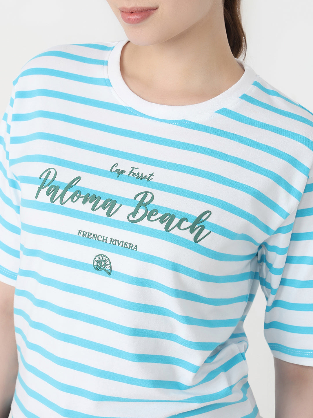 Women Sky/White Slim Fit Graphic Crop T-Shirt