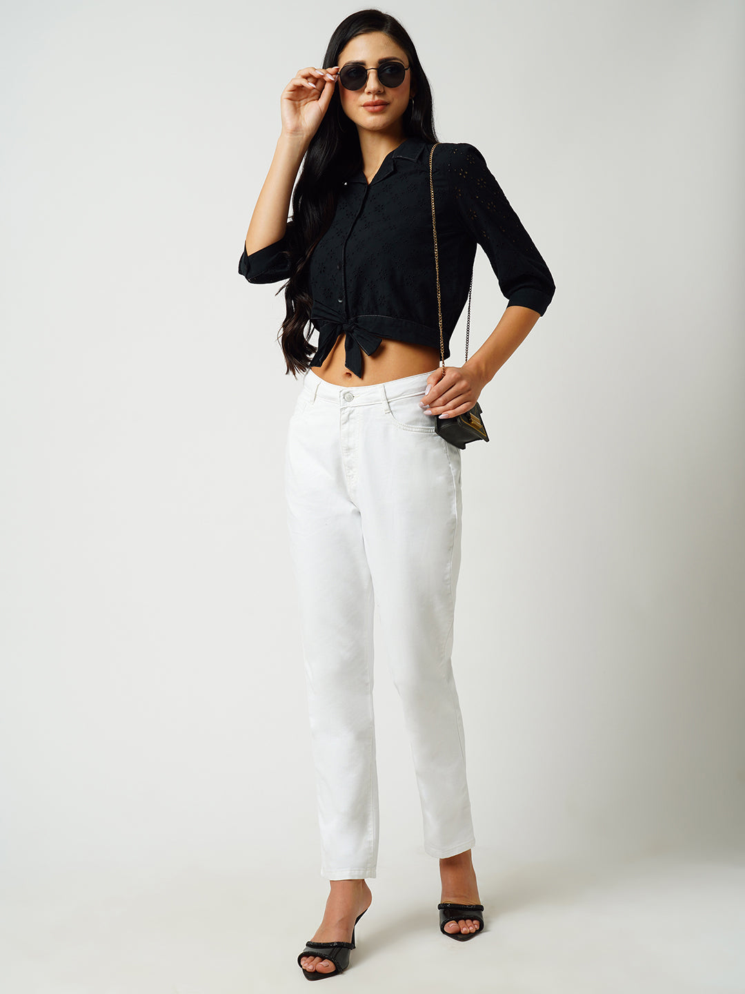 Women Black Schffli Crop Shirt