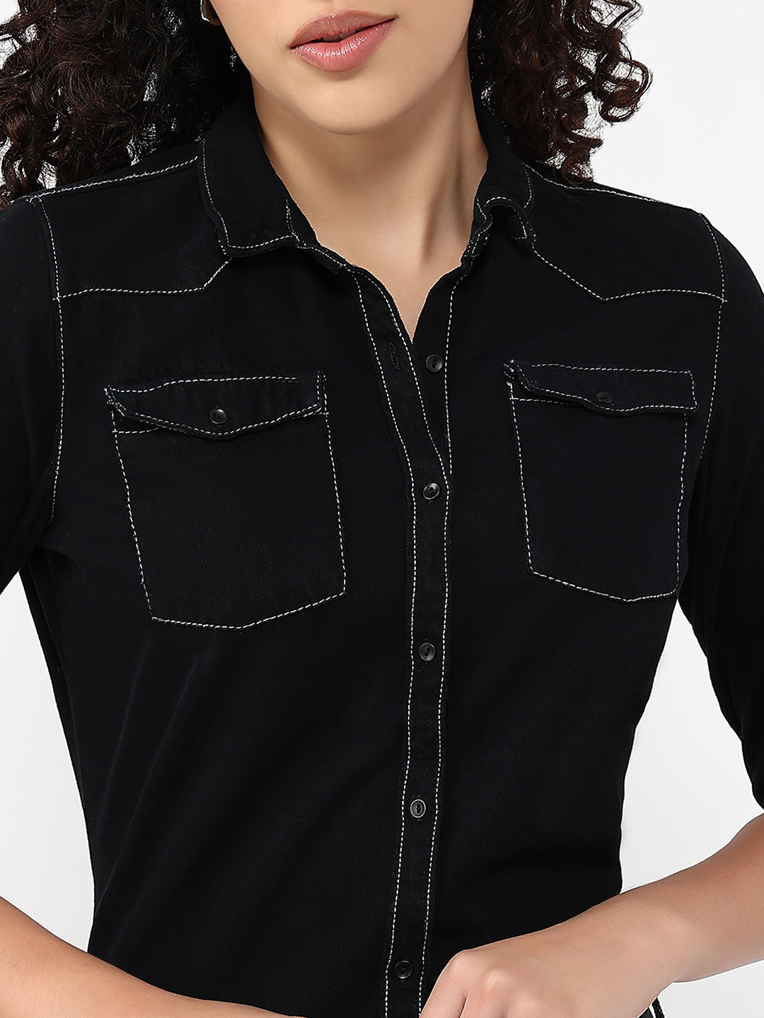 Women Black Slim Fit Denim Shirt