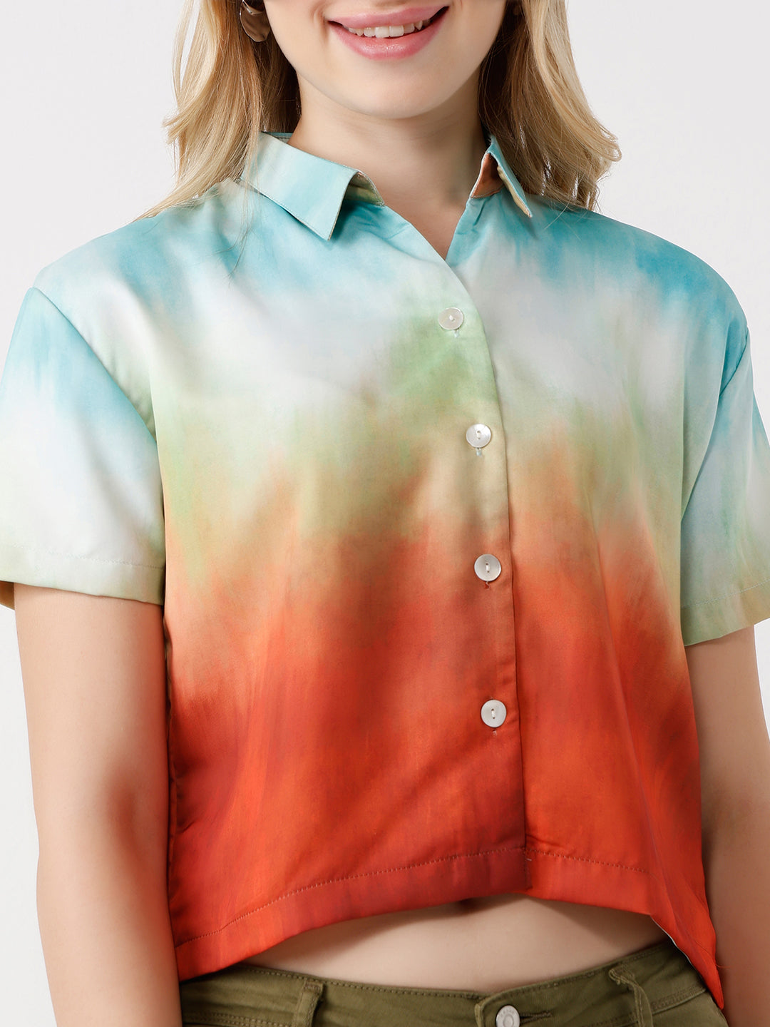 Women Rust/Aqua Ombre Crop Shirt
