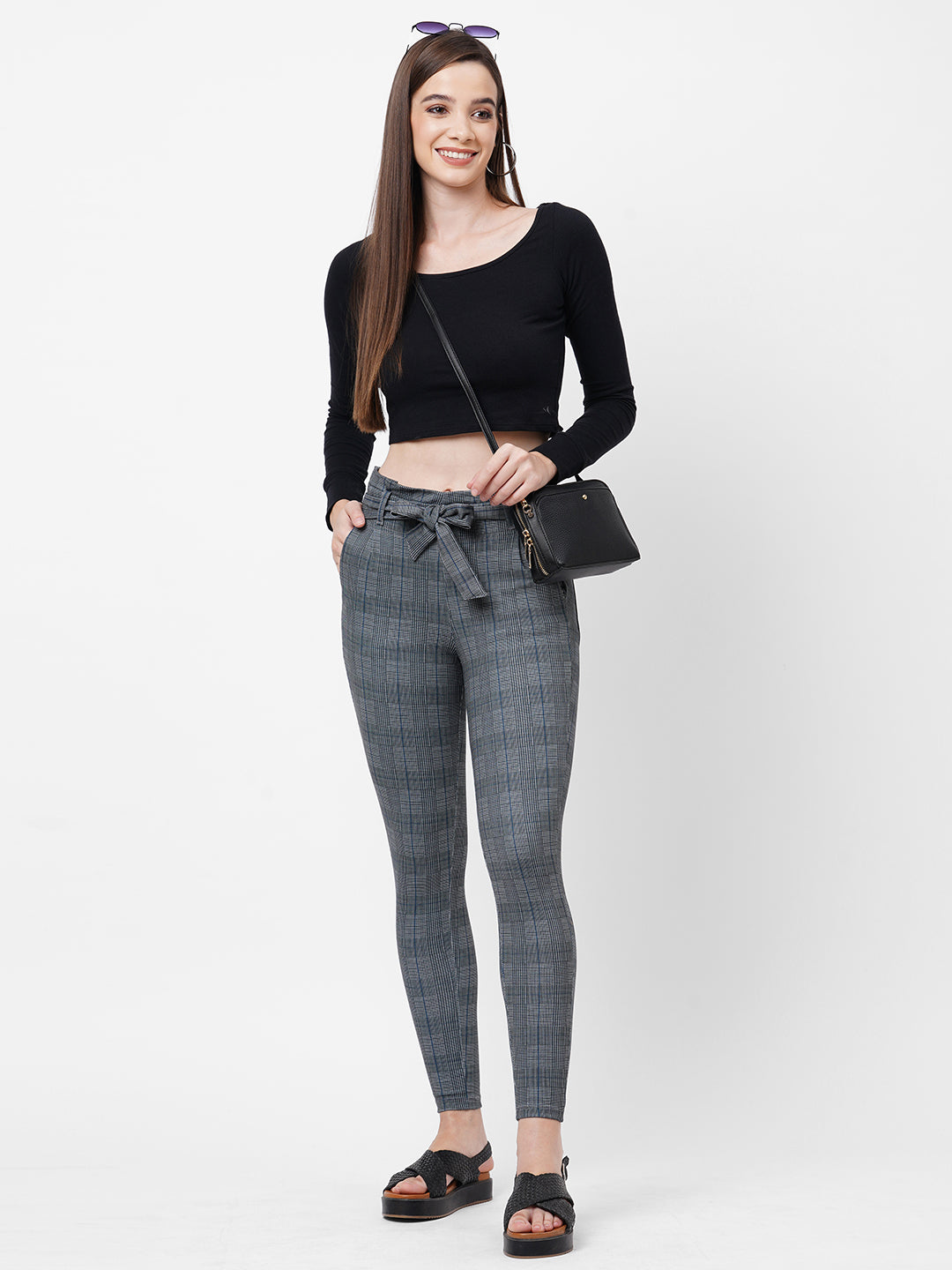 Women High-Rise Checked Paper Bag Pants