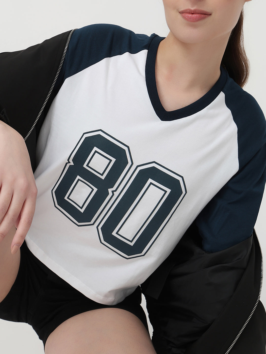 Women White/Airforce Slim Fit Graphic Crop T-Shirt