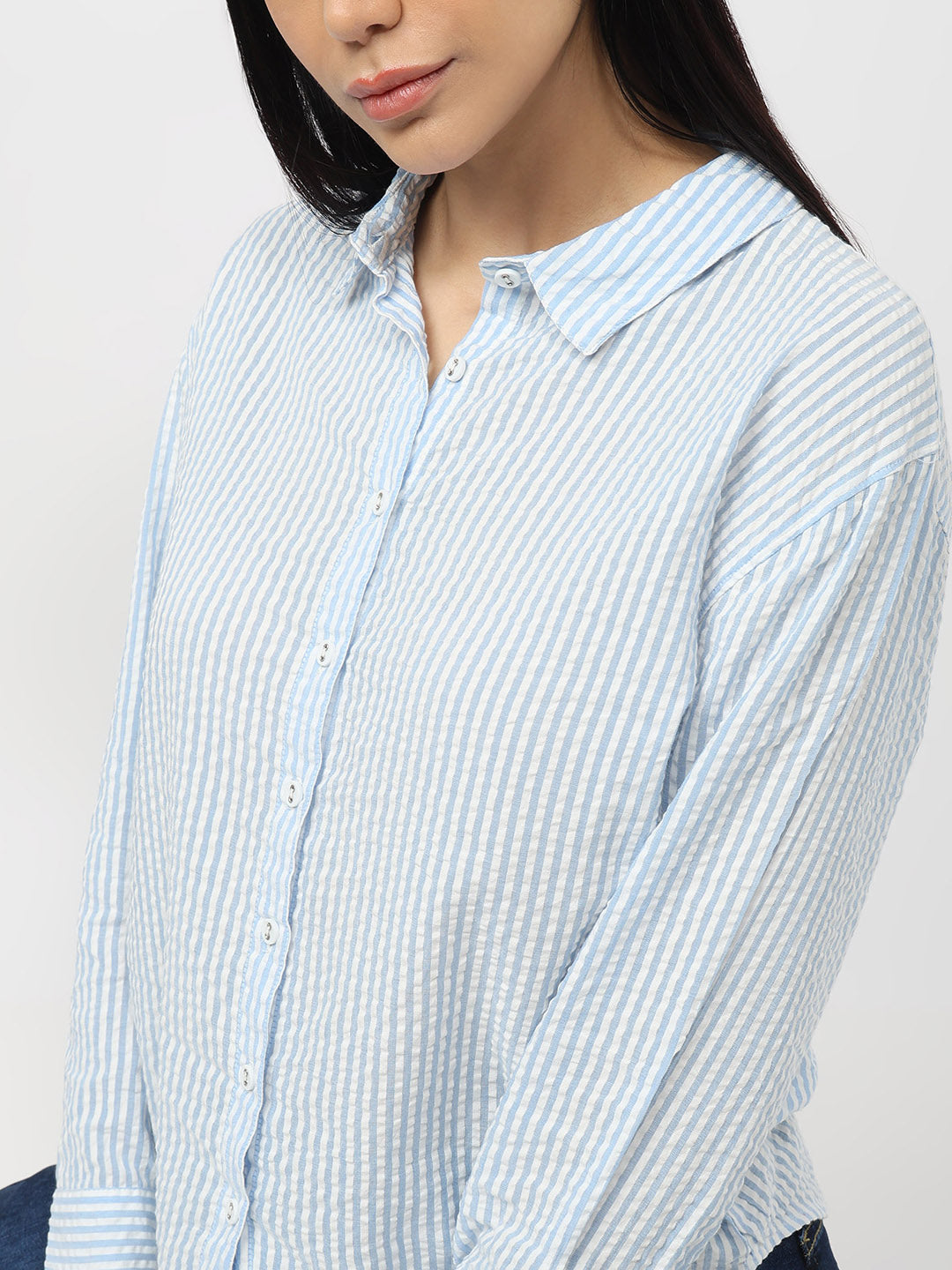 Women Sky/White Slim Fit Oversized Shirt