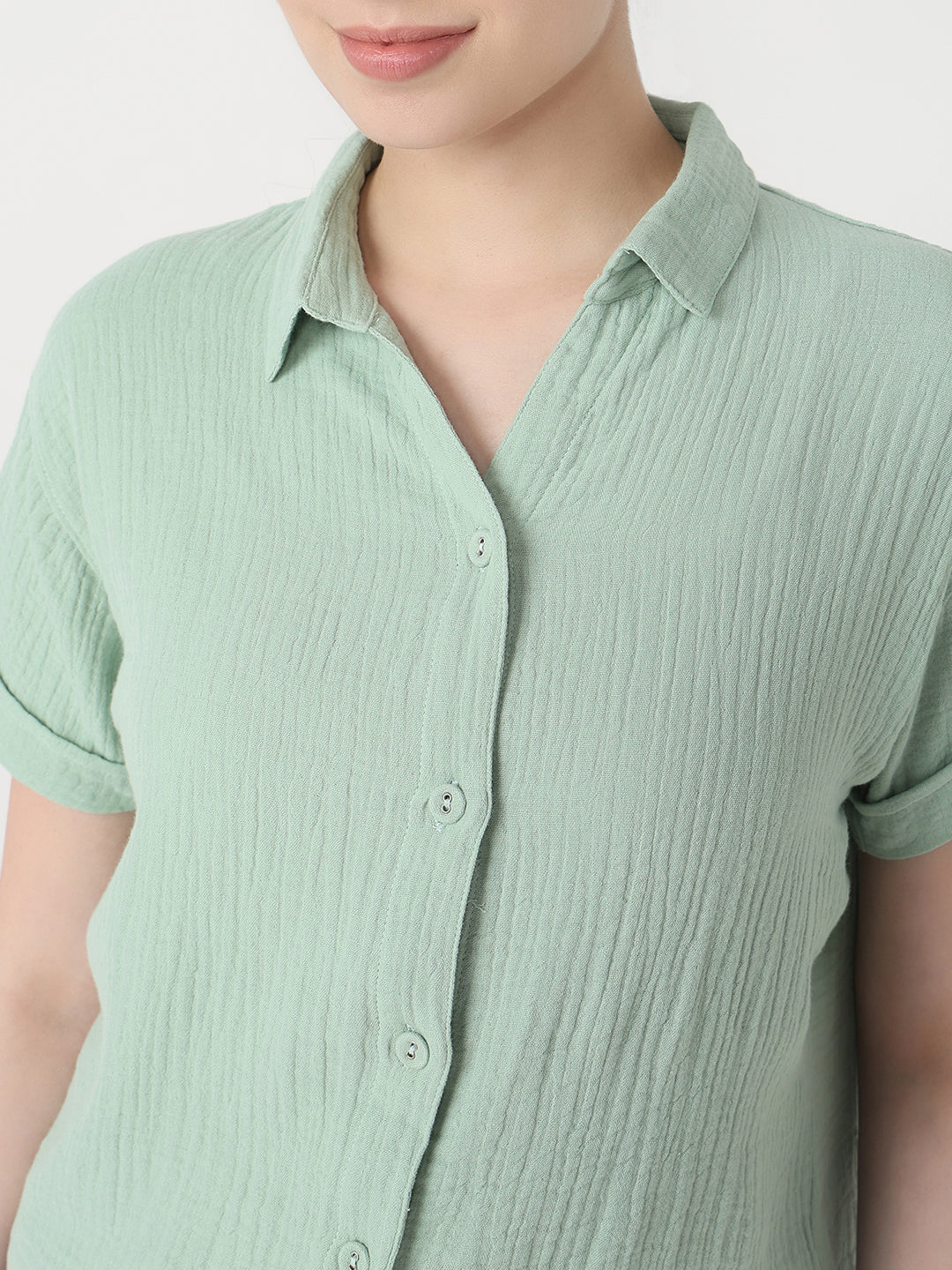 Women Mint Slim Fit Crop Shirt