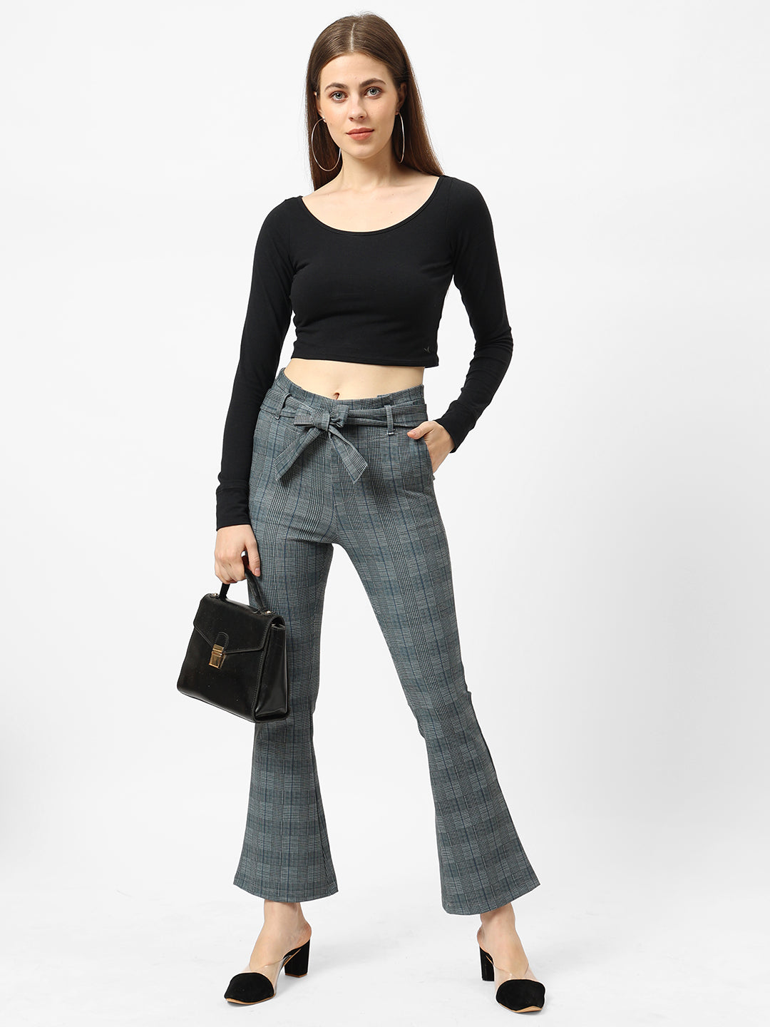 Women High-Rise Flared Paper Bag Pants