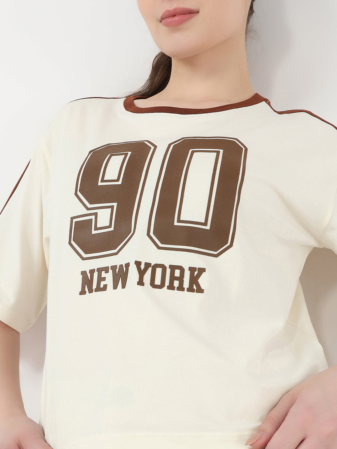Women Ivory Slim Fit Graphic Crop T-Shirt