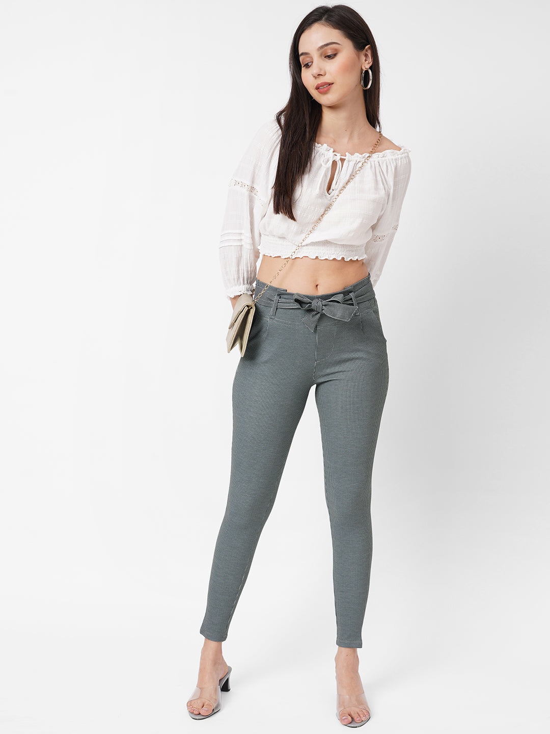 Women High-Rise Checked Paper Bag Pants