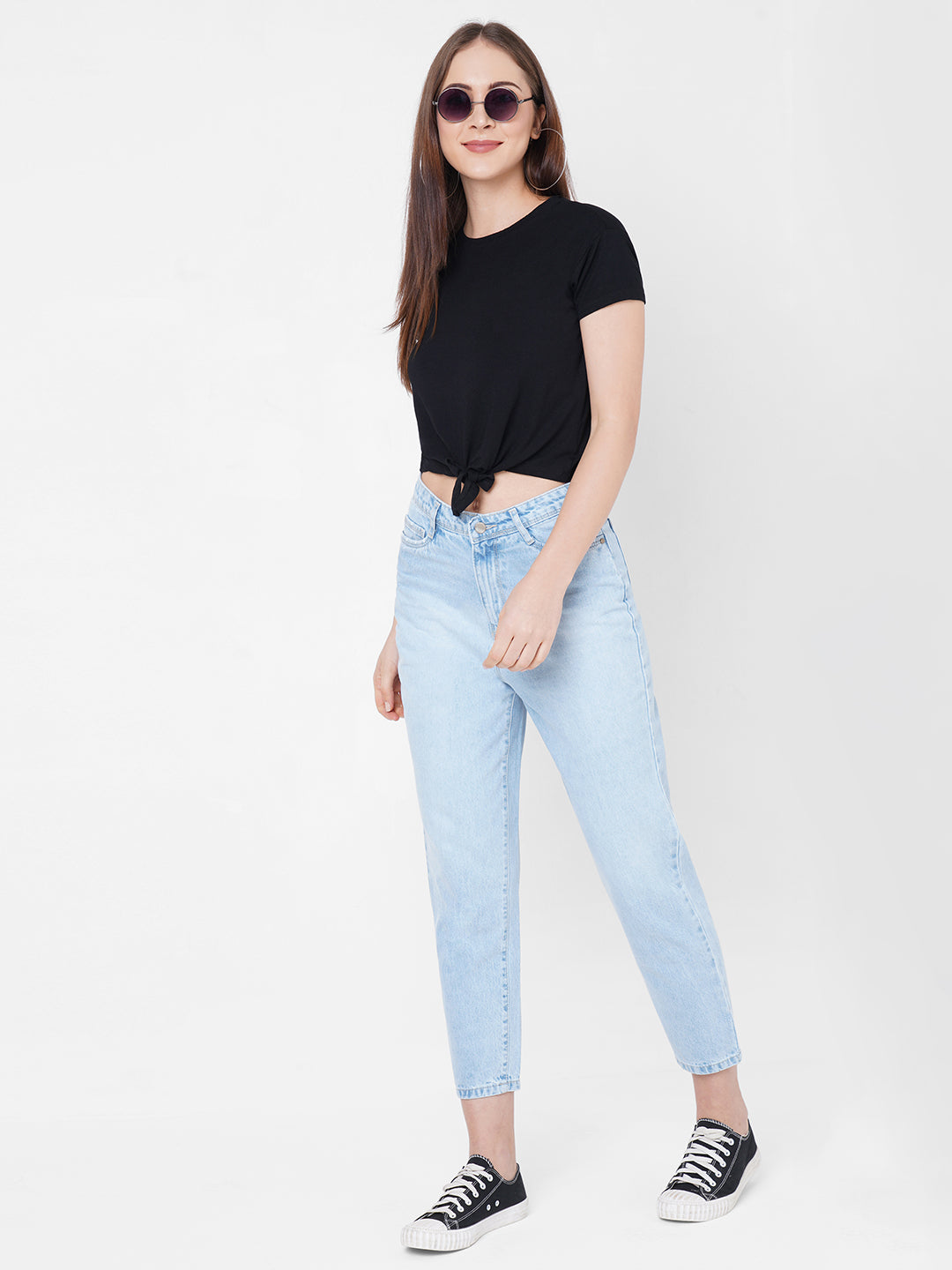 Women Crop Front Tie-Up Slim T-Shirt