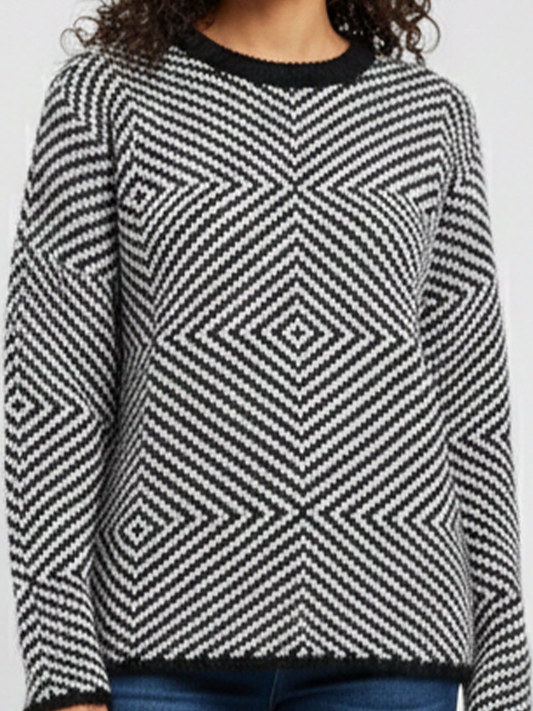 Women Black/White Slim Fit Sweater