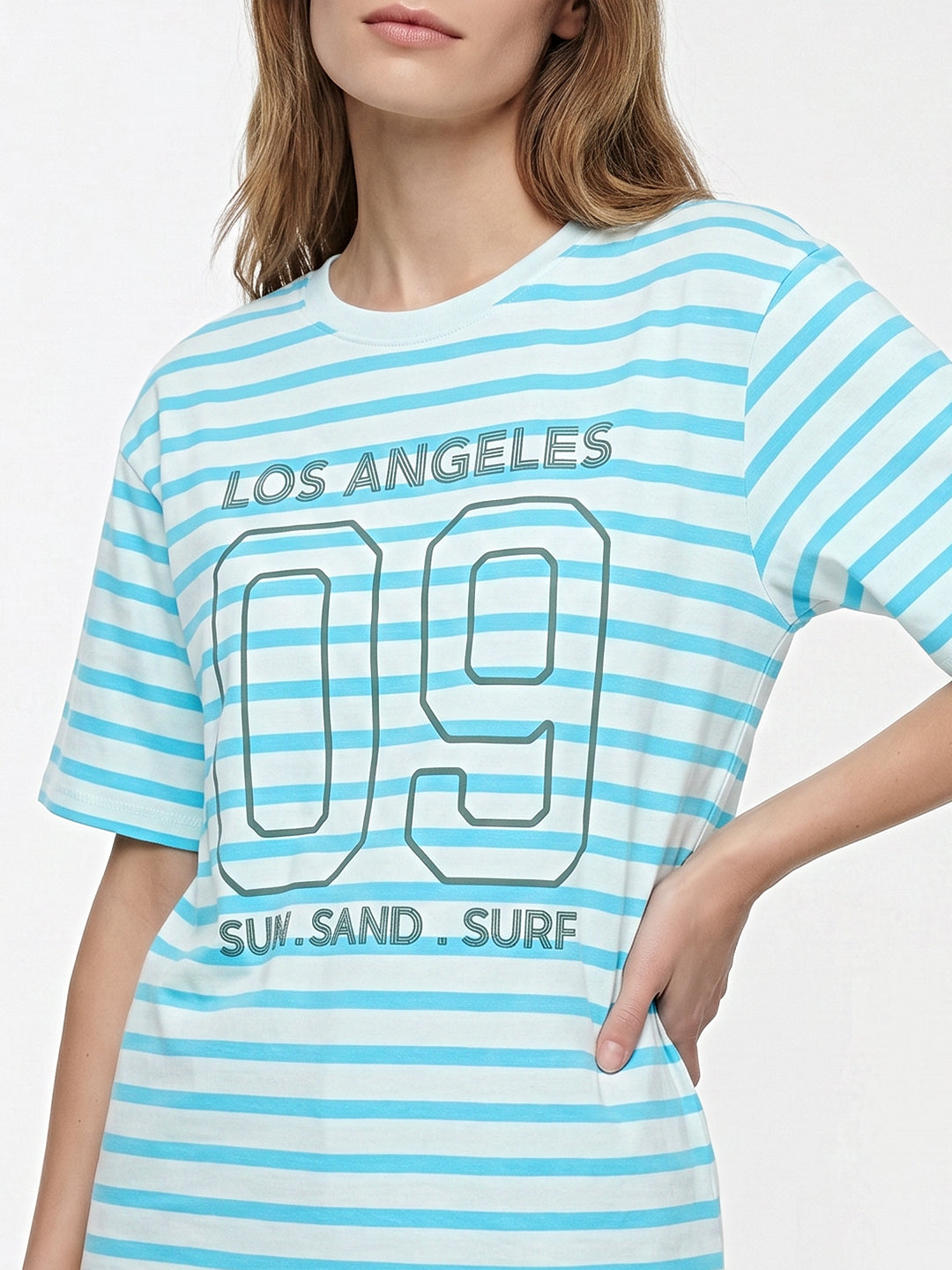 Women Sky/White Stripe Oversized T-Shirt