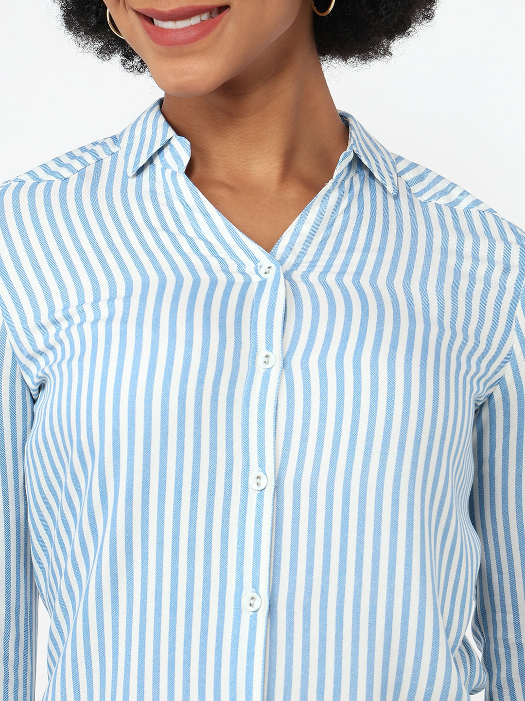 Women Sky/White Slim Fit Shirt