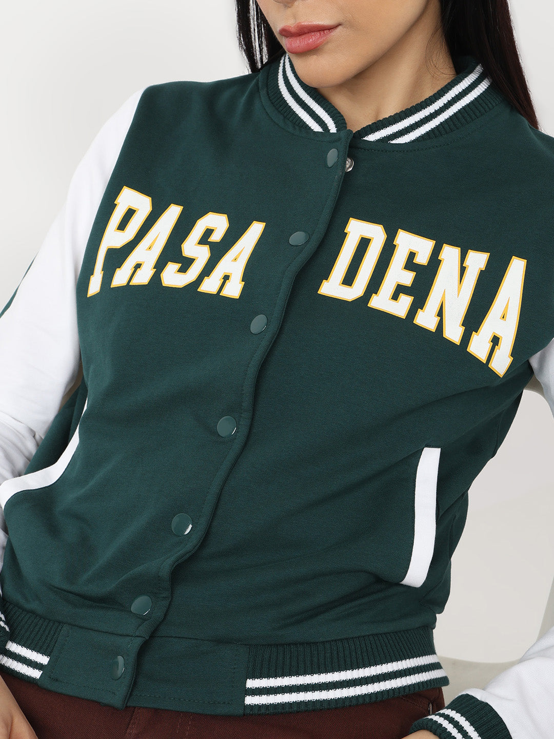 Women Bottle Green/White Varsity Jacket